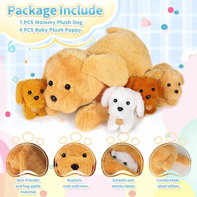 KMUYSL Puppy Stuffed Animals Toys for Ages 0 1 2 3 4 5 6 7 8+ Years Old Kids - Mommy Dog with 4 Baby Puppies in Her Tummy, Idea Xmas Birthday Gifts for Baby, Toddler, Girls, Boys