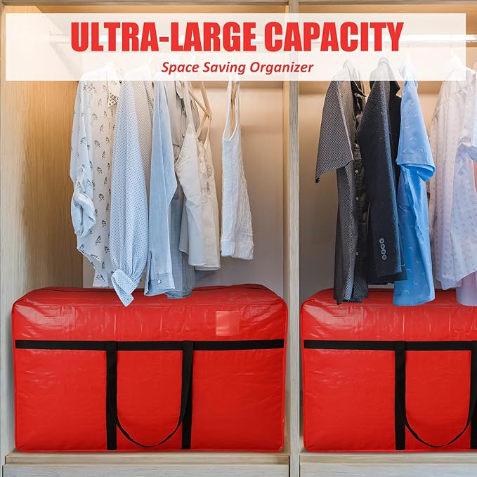 Windyun 4 Pack 69 Gallon Extra Large Storage Bags XXL Moving Bags with Zipper Handles Heavy Duty Jumbo Big Totes Box for Halloween Skeleton 4-12 Feet Christmas Tree Storage College Dorm Cloth (Red)