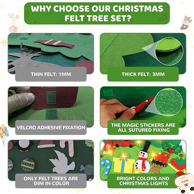 Onekka DIY Felt Christmas Tree Set with 32pcs Ornaments for Kids, Xmas Gifts, Wall Hanging Toddler Christmas Tree with String Light(Without Battery)