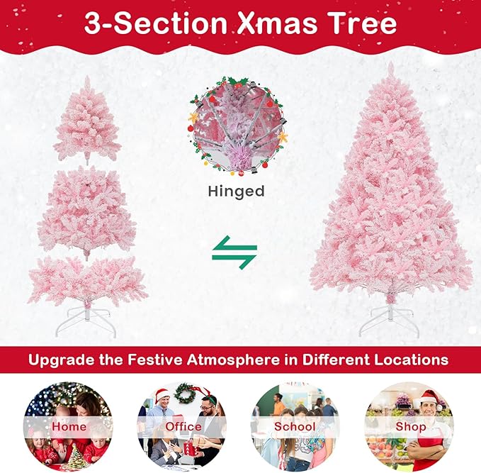 GOFLAME 6FT Pre-Lit Artificial Christmas Tree Snow Flocked, Hinged Xmas Tree with 808 PVC Branch Tips, 350 LED Lights & 8 Lighting Modes, Holiday Decoration Tree for Home, Office, Party, Pink