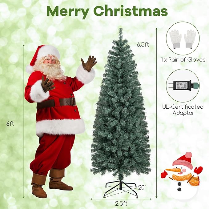 GOFLAME 6.5FT Pre-Lit Pencil Christmas Tree, Hinged Artificial Xmas Tree with 556 Branch Tips, 200 LED Lights, 9 Lighting Modes & Folding Metal Stand, Slim Holiday Decoration Tree for Home Party