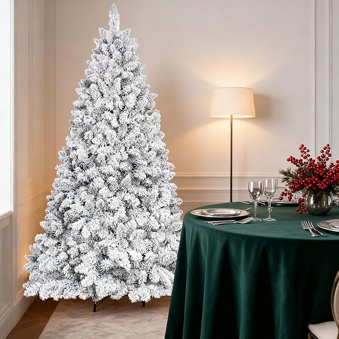 9ft Unlit Snow Flocked Christmas Tree, Artificial Christmas Tree with 1910 Branch Tips, Premium Spruce Full Xmas Tree for Easy Holiday Setup, Foldable Metal Base