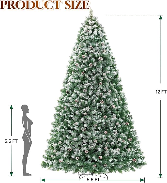 HOLLO STAR 12 ft Prelit Christmas Tree with 904 LED Lights, App Control, Artificial Christmas Tree, Multi-Color RGBW Lights, 3885 Flocked Frosted Tips, 152 Pine Cones, for Villa, Mall, Party