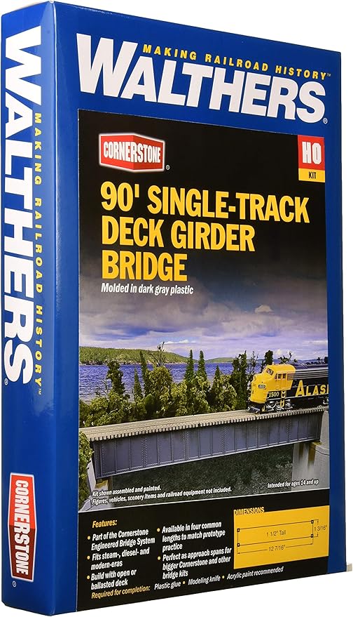 Walthers Trainline Cornerstone HO Scale Model 90' Single Track Railroad Deck Girder Bridge - Kit