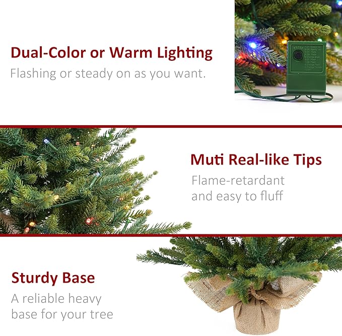 Prelighted Mini Christmas Tree 2 Ft with 70 LED Warm & Multi-Color Light, Artificial Small Xmas Tree 24 inch Tabletop Tree Christmas Decoration for Bedroom Fireplace Mantel