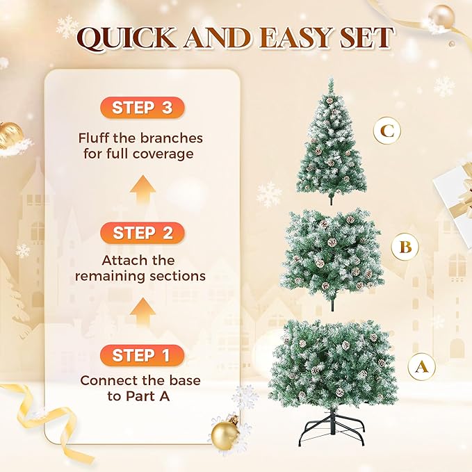 HOLLO STAR 6 ft Prelit Christmas Tree with 233 LED Lights, App Control, Slim Pencil Christmas Tree, Multi-Color RGBW Lights, 588 Flocked Frosted Tips, Xmas Tree, 51 Pine Cones, for Home, Party