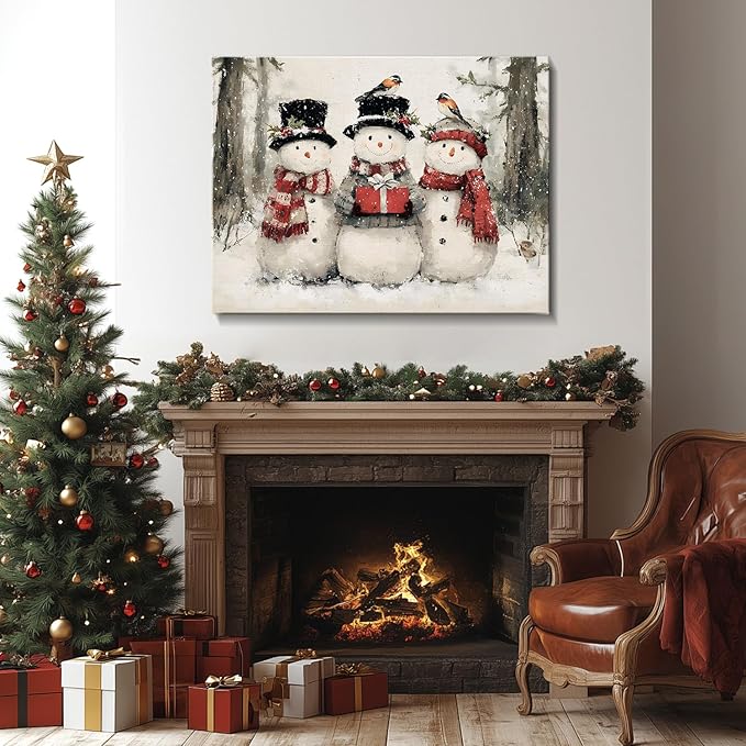 AbcCustomize Vintage Christmas Canvas Wall Art - Rustic Snowman Family Canvas Prints for Living Room Bedroom Home, Festive Winter Decor with Wooden Frame, Ideal Christmas Gifts & Holiday Decorations