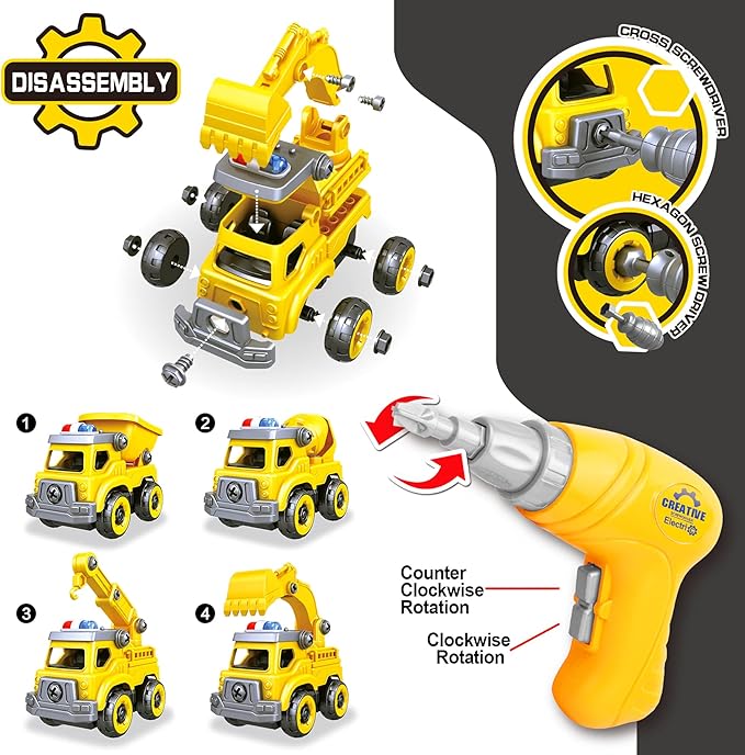 4-in-1 Take Apart Car Toys for Boys, DIY Engineering Construction Truck Toy Vehicle - Dump Truck, Cement Mixer, Excavator, Crane, Kids Building Educational Toy Gift for Age 3 4 5 6 7 8 Year Old Girls