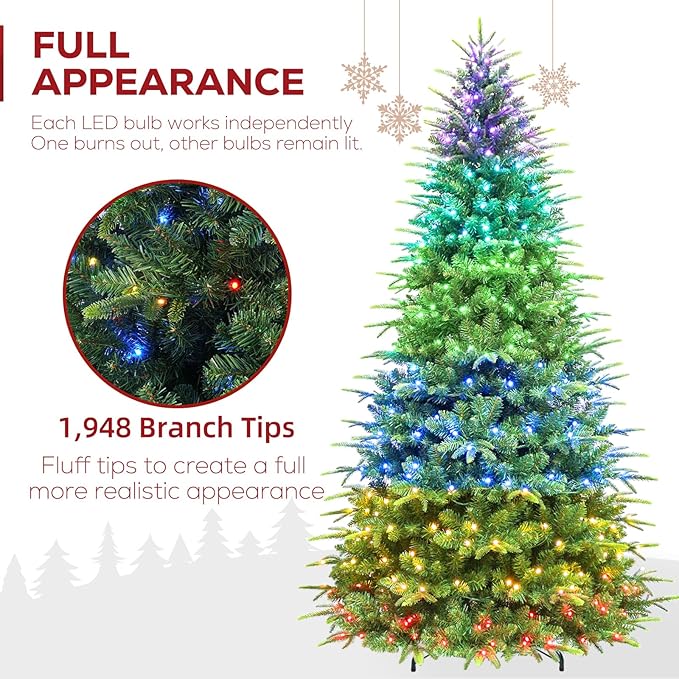 Hykolity 7.5 ft Prelit Artificial Christmas Tree with Remote Control, 1948 PE&PVC Branch Tips, Artificial Hinged Christmas Tree with 450 Multi-Color RGB Lights for Decoration, 15 Modes