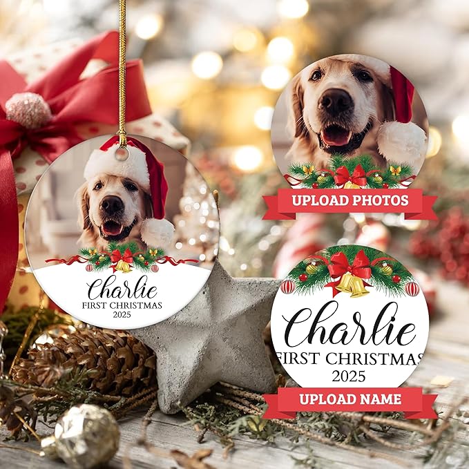 Personalized Puppy First with Photo & Name, Customized 2025 Dog Ornaments for Christmas Tree for Pet Lover, Christmas Holiday Pet Gifts, Dog Lovers Gifts for Christmas Tree Decoration