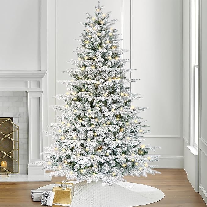 7 Feet Pre-lit Flocked PE Christmas Tree with 1575 Branch Tips, 350 Dual-Color Multi-Functional LED Lights