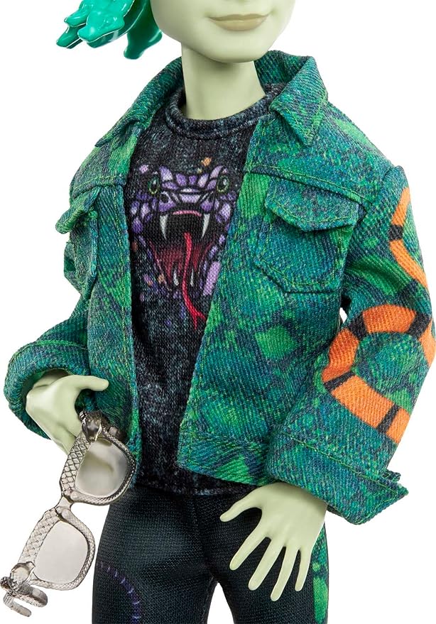 Monster High Deuce Gorgon Doll in Signature Look with Denim Snake Jacket & Accessories, Pet Mouse Perseus