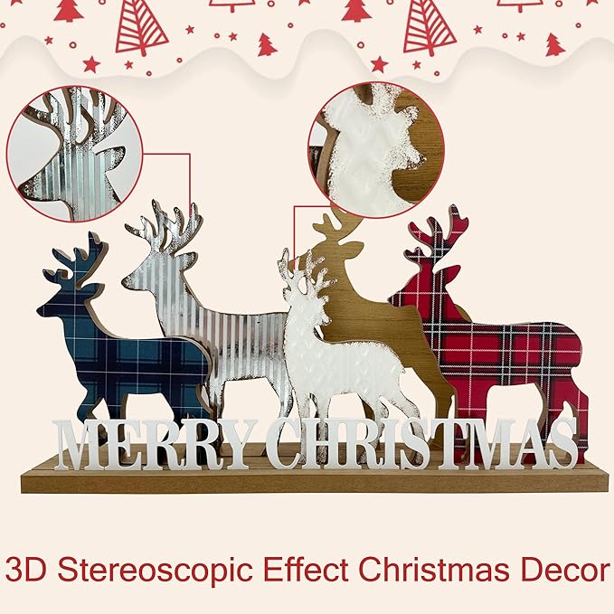 Christmas Decorations for Home Elk Merry Christmas Sign Wooden Decorative Block Rustic Farmhouse Tabletop Xmas Party Holiday Décor for Living Room, Dining Table, Mantel, Tiered Tray, Gift