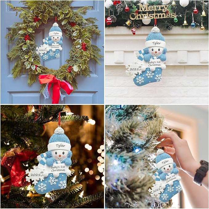 Personalized Ornament Baby's First Christmas 2025 Customized Snowman Ornaments with Name Xmas Tree Decoration Gifts for New Born Baby Boy (Blue)