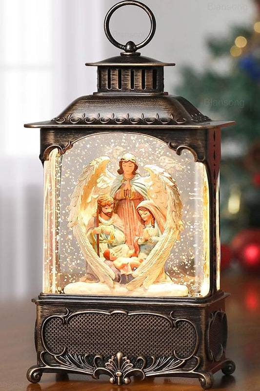 Nativity Snow Globe Lantern Christmas Decorations Gifts Auto Snowfall Glitter Music Collection Angel Nativity Scene with 6H Timer USB/Battery Powered 10.2 inch