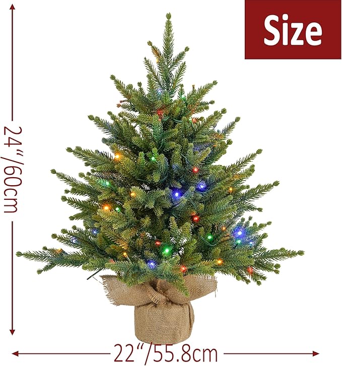 Prelighted Mini Christmas Tree 2 Ft with 70 LED Warm & Multi-Color Light, Artificial Small Xmas Tree 24 inch Tabletop Tree Christmas Decoration for Bedroom Fireplace Mantel