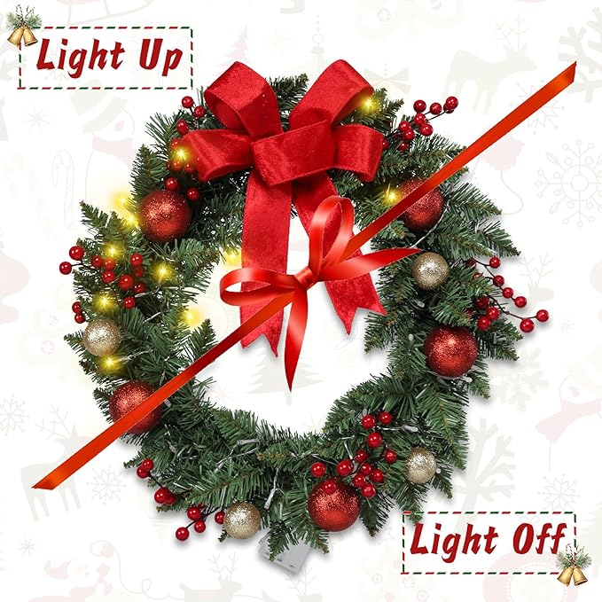 20" Large Christmas Wreath with LED Lights Winter Wreaths for Front Door or Wall Powered by 3AA Batteries for Indoor Outdoor Party Christmas Decorations