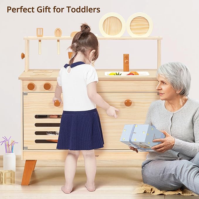 PairPear Play Kitchen Set for Kids, Wooden Toy Kitchen with Accessories & Play Food, Natural Wood Kids Kitchen for Imaginative Cooking & DIY Crafting - Ideal Gift for Toddlers Age 3+