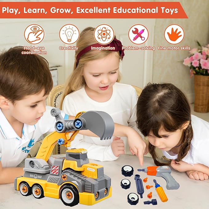 11inches Large Take Apart Construction Toys Excavator Truck for Boys Girls Kids 3-5 6-8 Electric Drill Set Assembly Building Toys