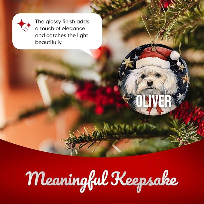 Maltese Personalized Dog Ornament - Pet Ornament for Christmas Tree - 3" Round Ceramic - Printed in USA - Choose from 200 Breeds - Dog Mom & Dad - Xmas Decoration DOG0140