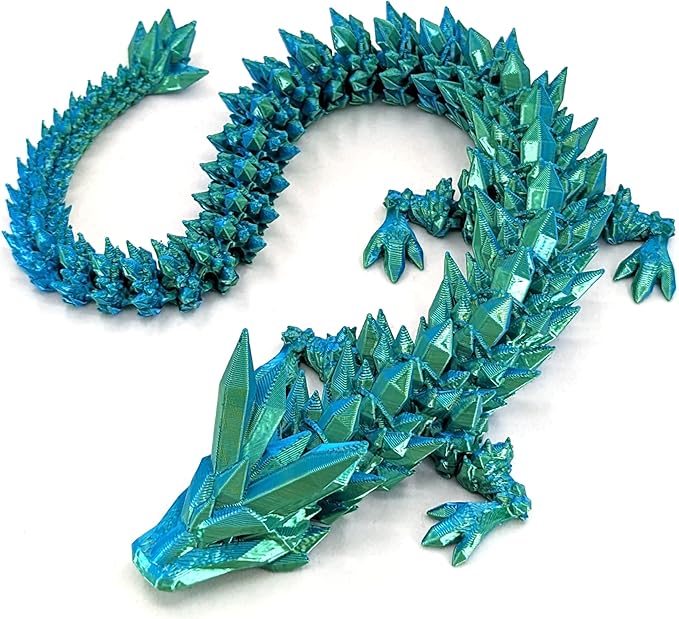 Medium 12" Articulated Crystal Dragon - Multi Color 3D Printed Plastic Dragon Figure - Rainbow Pearlescent Colors - Interlocked Body Segments and Legs (Medium 12", Cyan Blue Green)
