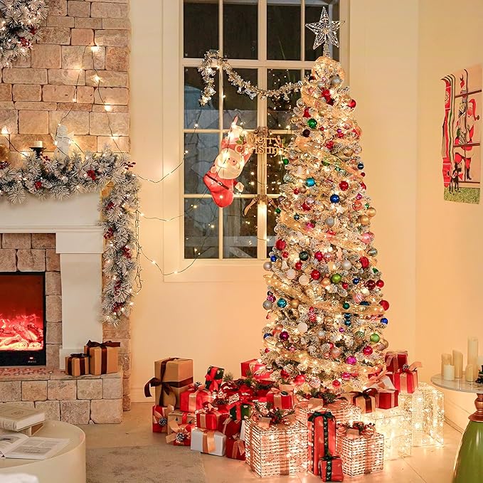 Hykolity 7.5 ft Pencil Prelit Christmas Tree, Artificial Slim Christmas Tree with 300 Multicolor LED Lights, 792 PVC Branch Tips, Metal Stand and Hinged Branches, 10 Modes