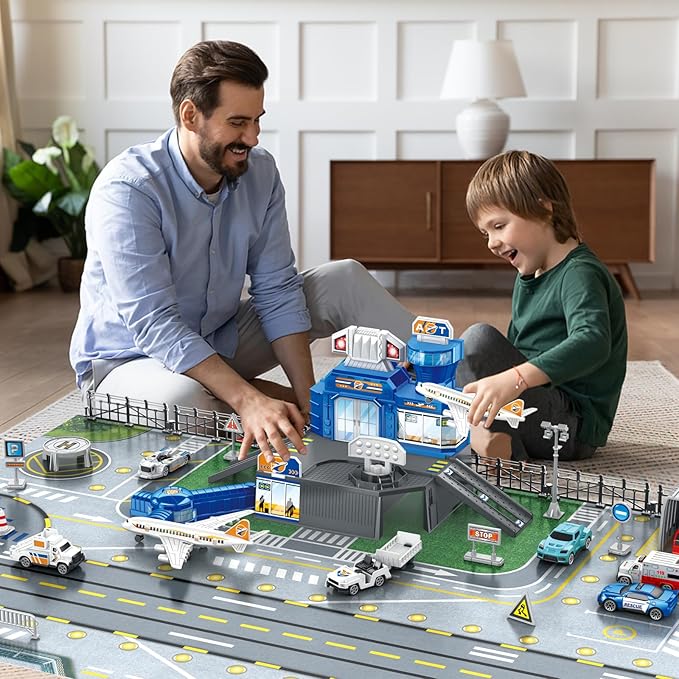 Airplane Toy Set - Airport Playset for Toddlers with Trucks,Planes, Helicopter, Signs and Fabric Airport Playmat, Interactive Early Learning Toys Birthday Gift for Boys and Girls Age 2 3 4 5+