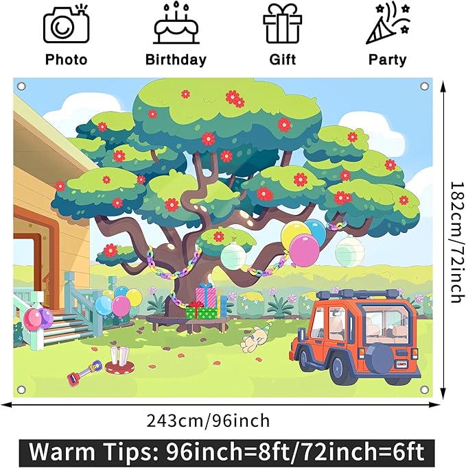 8x6FT Cartoon Dog Garden Tree Backdrop, Blue Sky Ballon Birthday Polyester Photography Background for Parties, Happy Birthday Photo Booth Prop Decorations