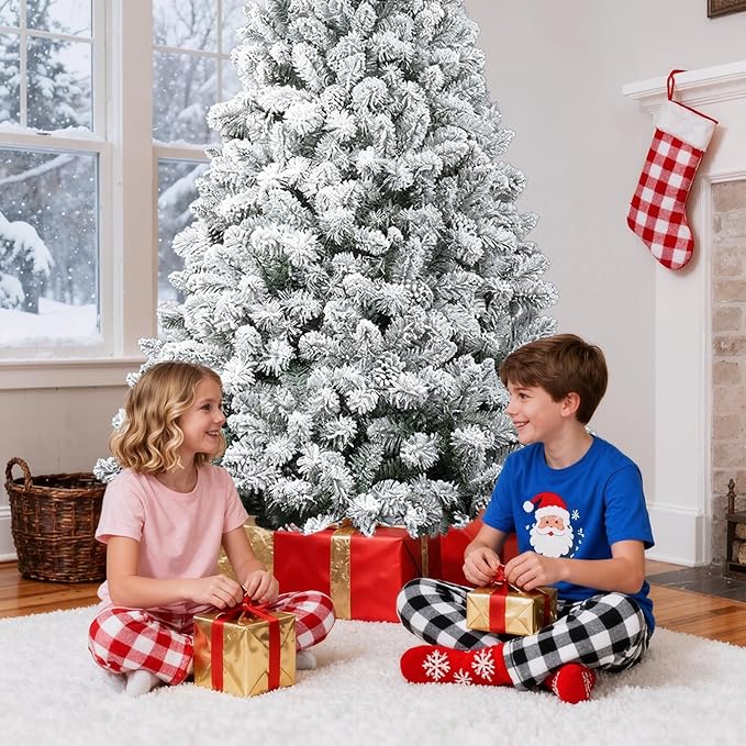 6 FT Artificial Christmas Tree, Snow Flocked Xmas Tree 860 Snowflake Branches, Hinged Pine Tree with Solid Metal Stand for Indoor and Outdoor Holiday Decoration
