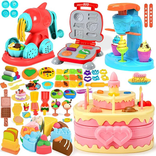 4 in 1 Dough Sets 70 PCS for Kids Ages 4-8, Dough Tools Kit with Ice Cream Noodle Hamburger Cake Maker Machine, Kitchen Creations Art Crafts Food Play Toys for Boys Girls Ages 3+