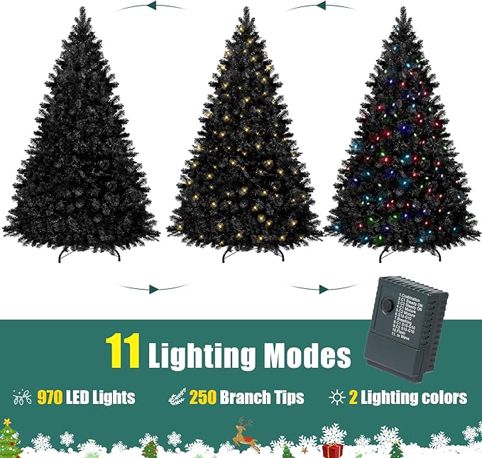 Annecy 6ft Pre-Lit Christmas Tree, Black Artificial Full Spruce Christmas Tree for Home, Office, Party Decoration w/ 970 Branch Tips, 250 Warm White & Multi-Color Lights, Metal Hinges & Base,Black 6ft
