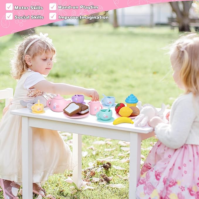 Silicone Tea Party Set for Little Girls,PRE-WORLD 27PCS Toys Toddler Tea Set with Play Food Dessert Cookies,Doughnut,Cake,Carrying Bag,Kids Kitchen Pretend Role Gifts for Girls Boys Age 3 4 5 6