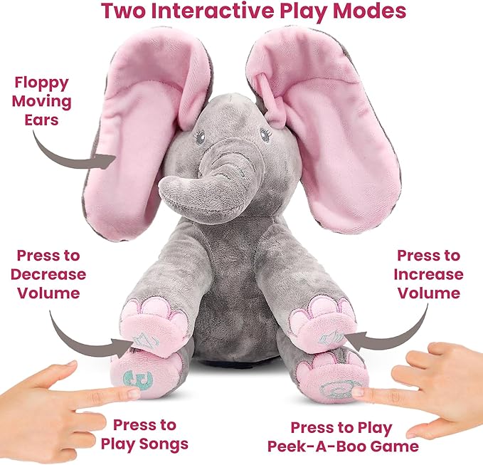 Dimple Kaia Elephant Stuffed Animal Toy - Animated Plush Pink Singing Elephant, Interactive Musical Peek-a-Boo for Babies, Kids, for Toddlers, Ages 0 and Up(Battery Included)