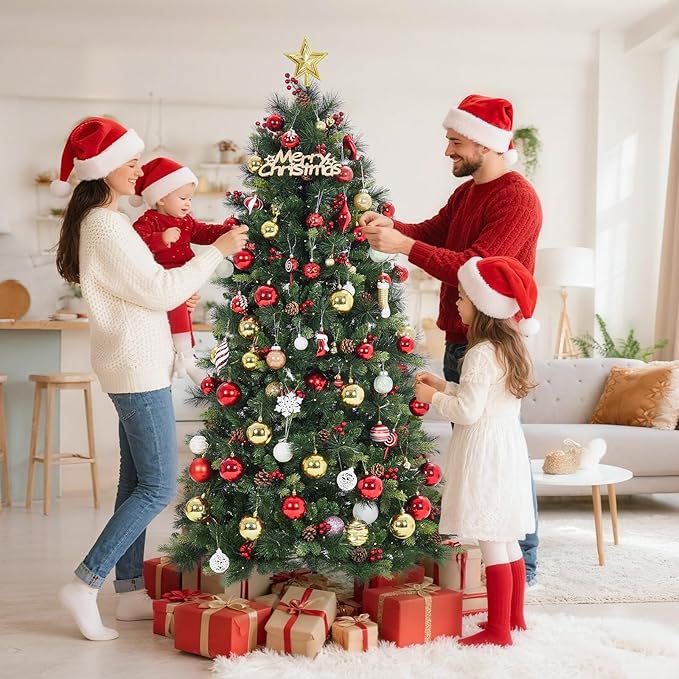 6FT Pre-lit Artificial Christmas Tree, Pre-Decorated Fluffy Fraser Fir with 350 Warm White Lights, 900 Hinged Branch Tips, Pine Cones & Berries, Includes Metal Stand for Holiday Decor