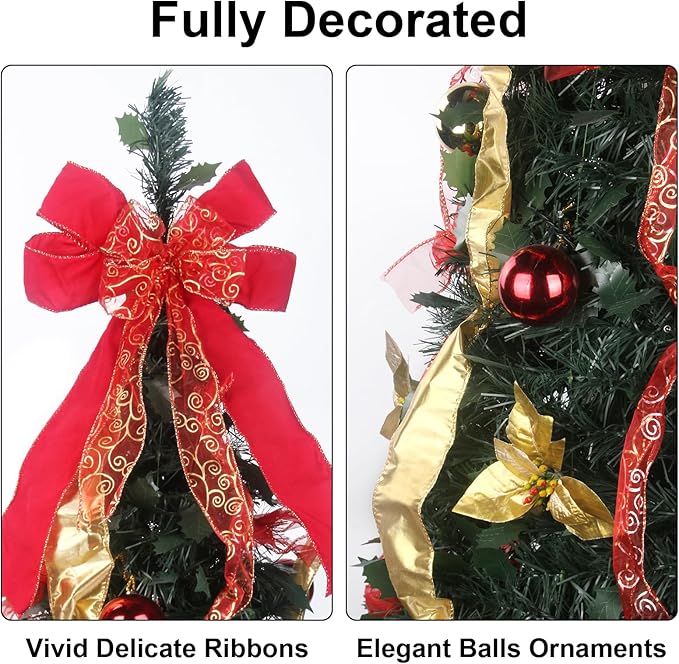 6.5FT Pop Up Christmas Tree with Lights and Decorations & Remote & Timer, Prelit Fully Decorated Pull Up Artificial Christmas Tree with Christmas Ball Ornaments Bows Ribbons for Christmas Party Decor
