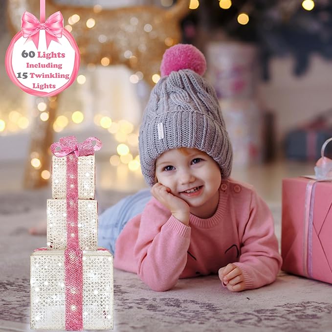 Lighted Gift Boxes Set of 3, Pink Christmas Décor Gift Boxes, Prelit 60 White Lights Present Box Lighted Display with Plug for Home Porch Outdoor Yard Valentines Day Pink Christmas Decorations