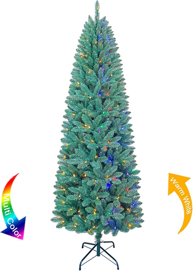 7.5FT Prelit Slim Artificial Christmas Tree with 843 Branch Tips, 250 Dual-Color LED Lights and Metal Stand, Realistic Skinny Pencil Blue Spruce Tree with Multi-Function Lights