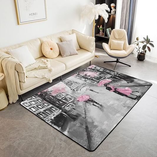 Paris Area Rug 5x6'6'', French Eiffel Tower Rugs for Girls Kids Women, Paris Themed Cherry Blossoms Carpet, Couple Retro Gray Building Non Slip Pink Grey Decorative Rug for Living Room