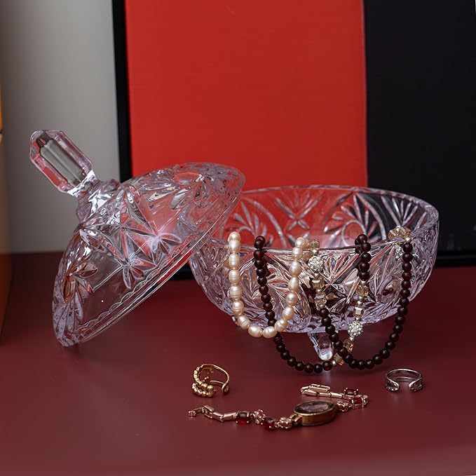 27oz Large Glass Candy Dish with Lid, Crystal Candy Bowl, Embossed Decorative Storage Jar for Office Desk, Jewelry Box, Biscuit, Christmas, Wedding, Birthday Gift