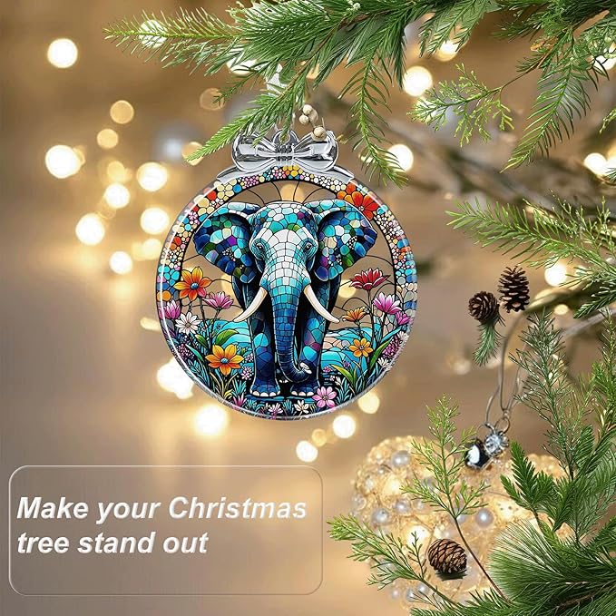 Elephant Christmas Ornament for Christmas Decorations Crystal Glass- Xmas Gifts for Elephant Lover, Holiday Keepsake Present Exchange Ideas