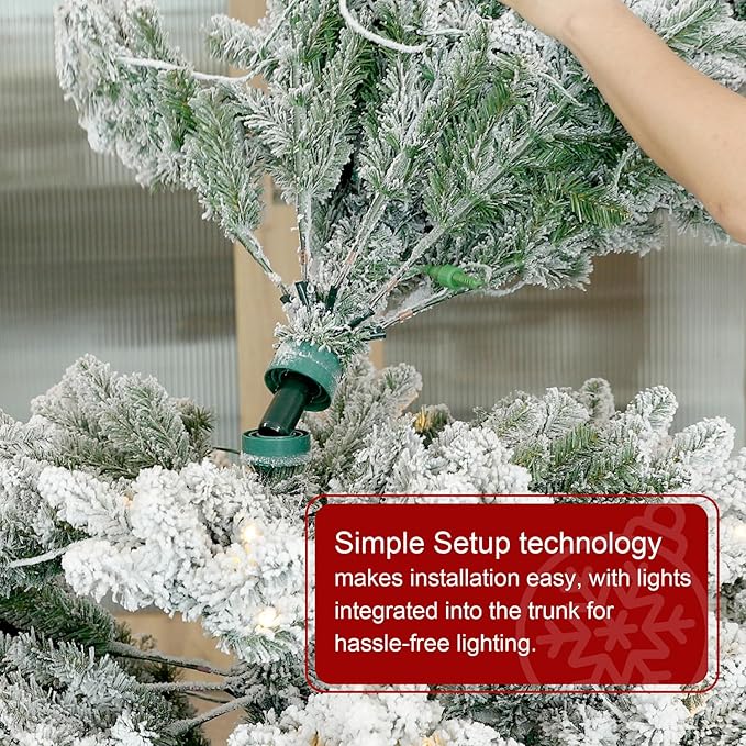 Glitzhome 15ft Prelit Christmas Tree, Artificial Christmas Tree with 1400 Warm White Lights, Flocked Pencil Tree Chicago Frostwood Spruce w/4335 PE&PVC Branch Tips and Sturdy Metal Stand, Simple Setup