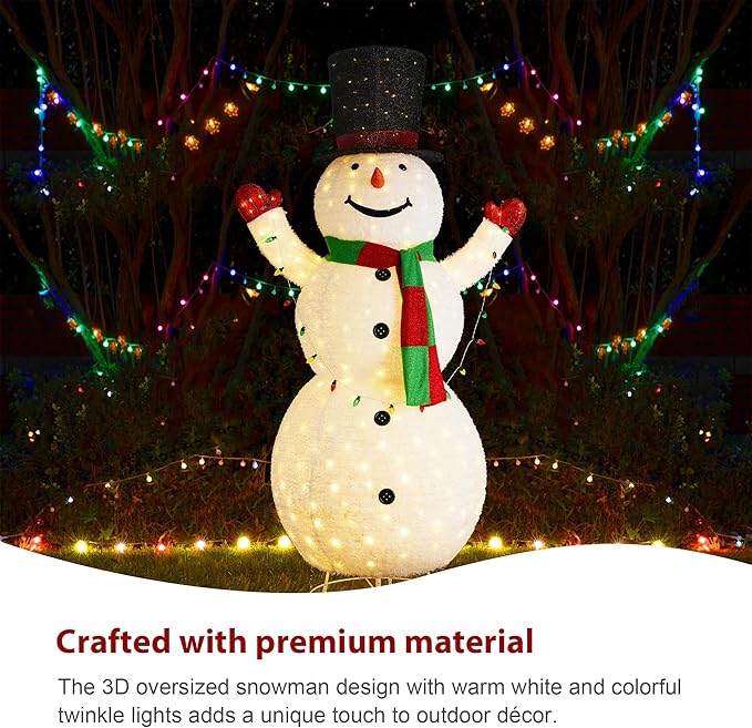 Glitzhome 8FT Giant Lighted Christmas Snowman, Large Foldable White Outdoor 3D Christmas Holiday Snowman Decoration w/ 430 LED Lights, Hat, Scarf, Multicolored Lights