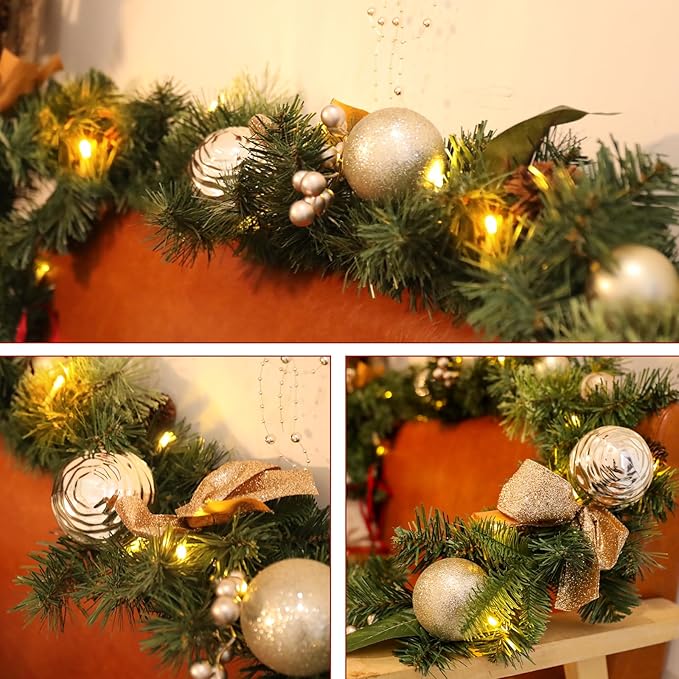 Christmas Garland Lighted Indoor Outdoor Decorations Artificial Christmas Garlands with Light Mantel Pine Cone for Door Porch Holiday Party Outdoor Indoor Xmas Decor 6FT Gold B