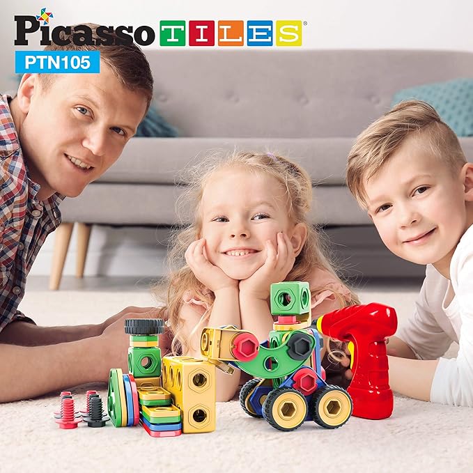 Picasso Toys STEM Learning Toys 105 Piece Building Block Set Kids Construction Engineering Kit Toy Blocks Children Early Education Playset w/IdeaBook, Power Drill, Clickable Ratchet, Age 3+ PTN105
