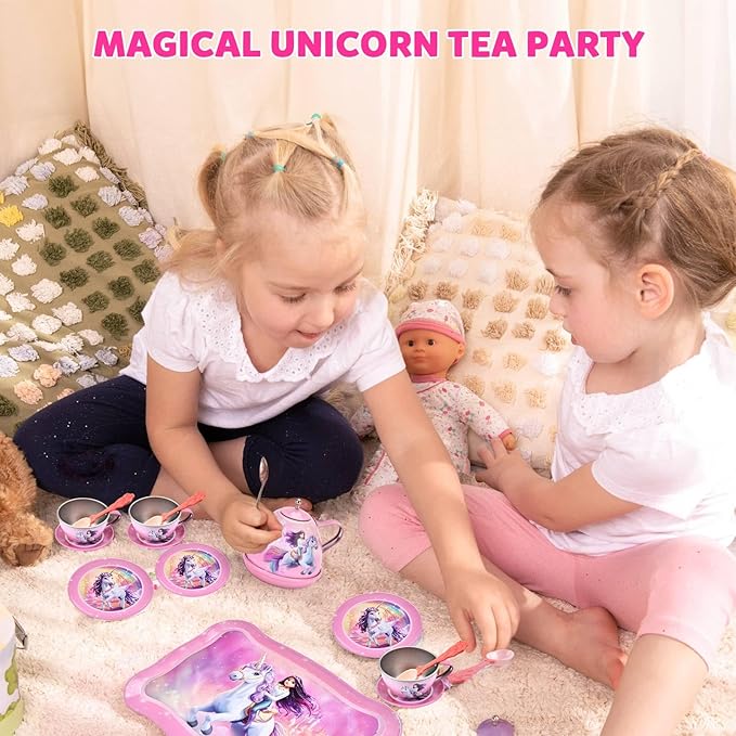 Unicorn Tea Party Set for Toddler Girls – 19-Piece Pretend Play Tin Tea Set with Teapot, Cups, Plates, Spoons & Carrying Case – Princess Kitchen Toys for Kids Ages 3-8 – Birthday Gift