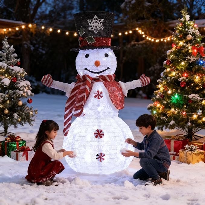 Snowman 3D Christmas Collapsible Decorations，Lighted Outdoor Xmas Large Snowman Garden Décor，Pre-Lit for Indoor/Outside Yard Holiday Decoration (red)