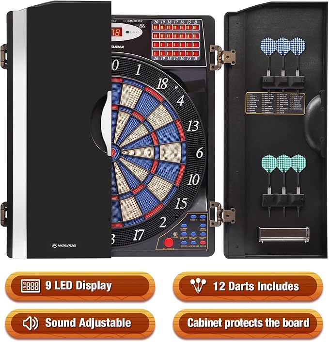 WIN.MAX Electronic Dart Board Cabinet Set, LED Electric Digital Soft Tip Dart Boards for Adults with Cabinet, up to 16 Players, 38 Games and 211 Variations with 12 Soft Tip Dartboard Set