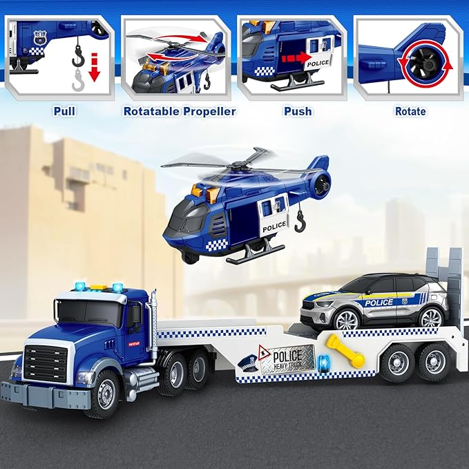 SpringFlower 21" Semi Truck Toy, 3 4 5 6 Year Old Boys Toddlers Police Truck Toy with Racing Car and Helicopter, 3 in 1 Police Car Toy, Birthday Gifts for Kids Child 3 4 5 6 Years Old
