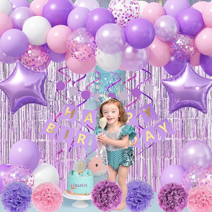 Pastel Pink Lilac White Balloon Arch Garland, Pale Purple Pink Happy Birthday Banner Foil Curtain Pompoms Hanging Swirl for Women Girls Birthday Party Decor