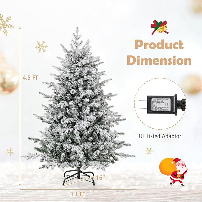 GOFLAME 4.5ft Pre-Lit Christmas Tree Snow Flocked, Hinged Artificial Xmas Tree with 436 Branch Tips, 160 Multi-Color LED Lights, 8 Lighting Modes, Holiday Decoration Tree for Home Office Party